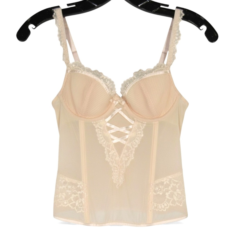SOPHIE B Beige UNDERWIRE BRA Crystal Pleats LACE DETAIL Corset Bustier Top Sz S